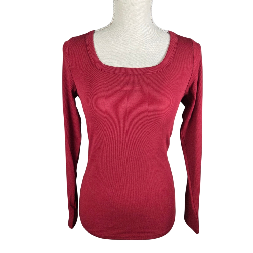 Automet Scoop Neck Top Small -Red -Ribbed Shirt -3/4 Sleeve NEW -Knit -Fitted